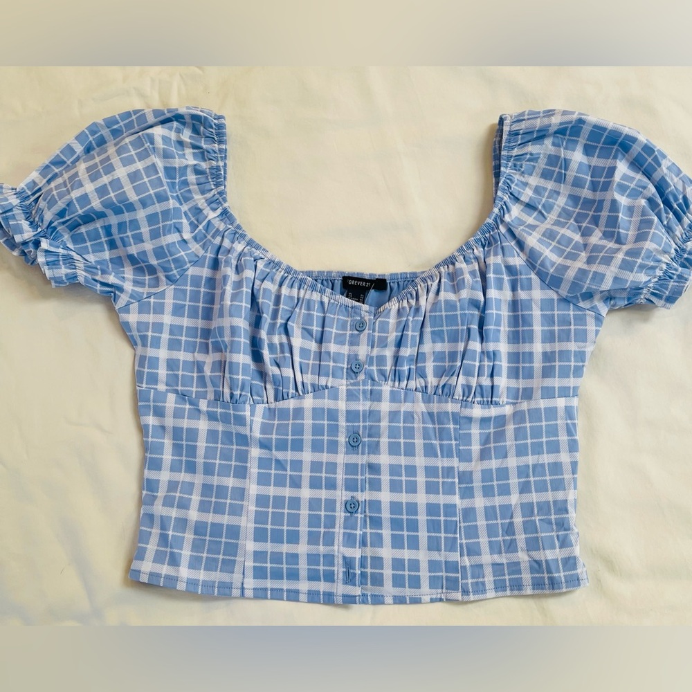 Women’s Blue Checkered Button-Up Top With Puff Sleeves